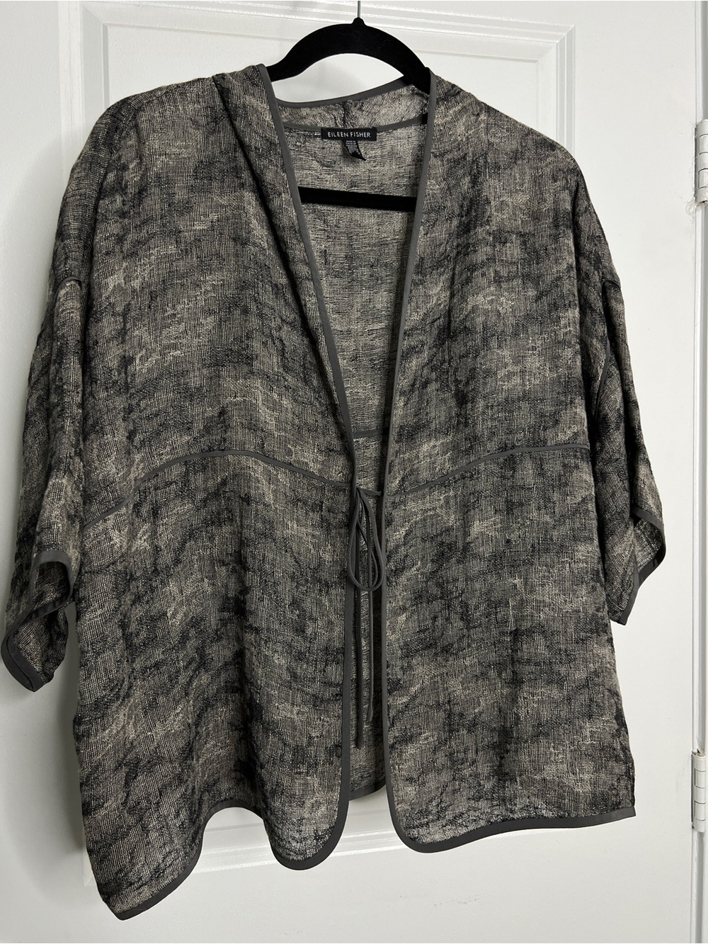 Eileen Fisher Linen Silk Tie Front Cardigan Large Gray